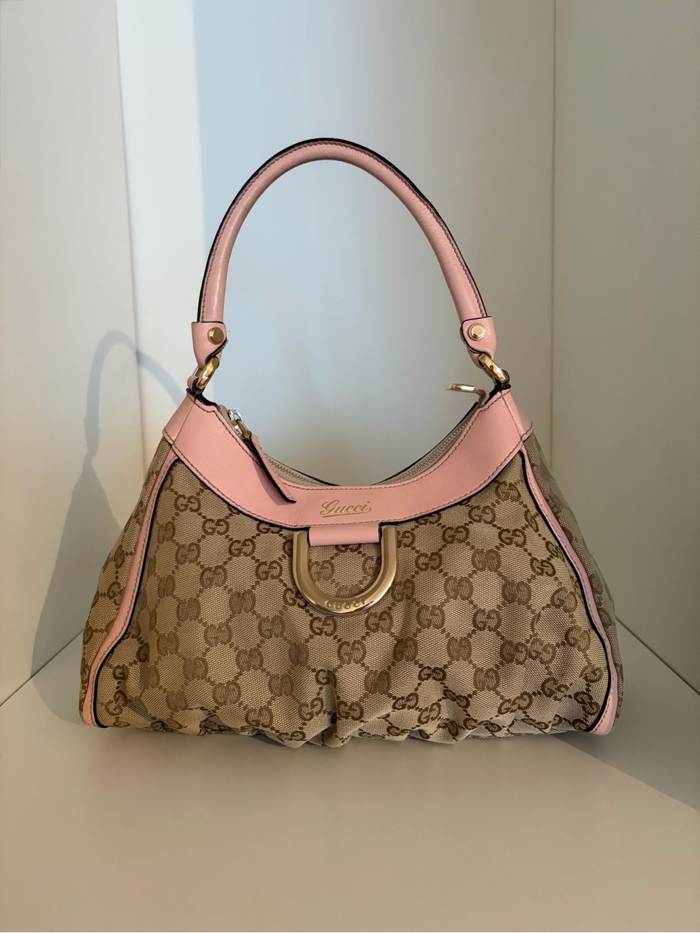 Gucci Beige and Pink Abbey GG Canvas Shoulder Bag